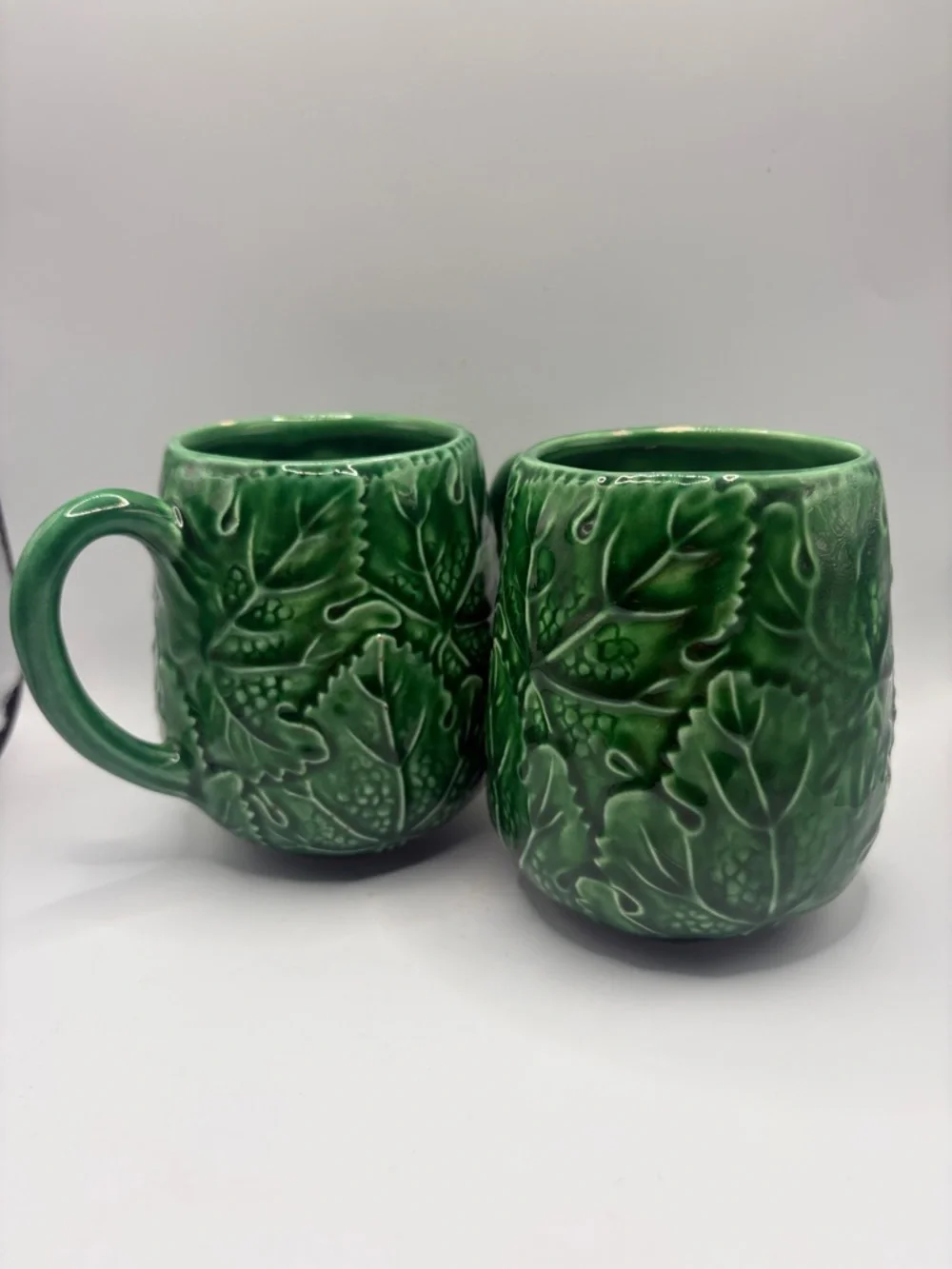 Pair Vintage Greenware Ceramic Majolica Leaf Mugs Cups Drinkware Cottagecore